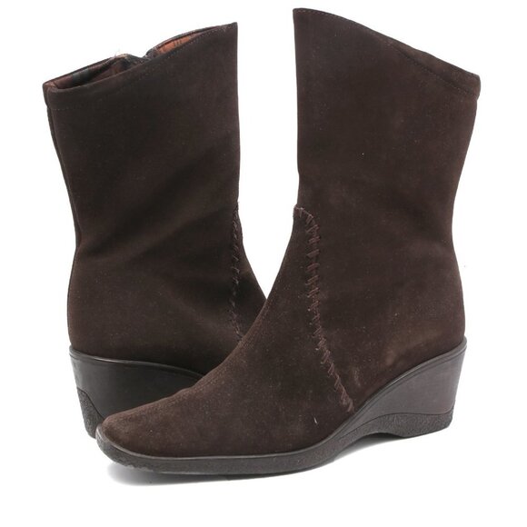 Aquatalia Suede Wedge Boots Winter Brown Y2K Square Toe Warm Lined Size Zip - Picture 5 of 12